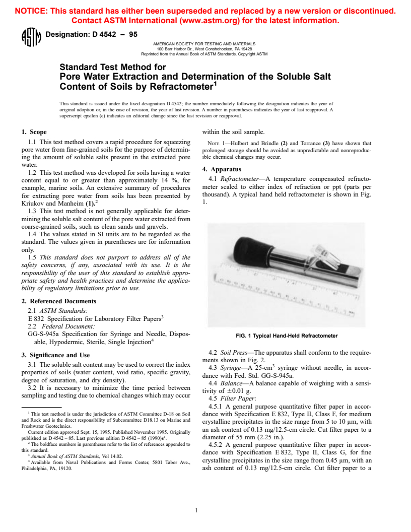 ASTM D4542-95 - Standard Test Method for Pore Water Extraction and Determination of the Soluble Salt Content of Soils by Refractometer