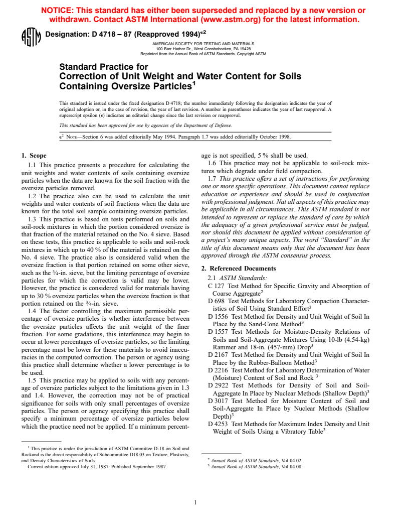 ASTM D4718-87(1994)e2 - Standard Practice for Correction of Unit Weight and Water Content for Soils Containing Oversize Particles