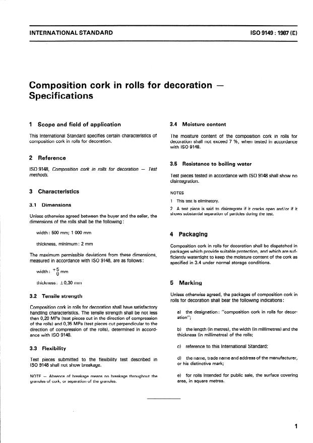 ISO 9149:1987 - Composition cork in rolls for decoration -- Specifications