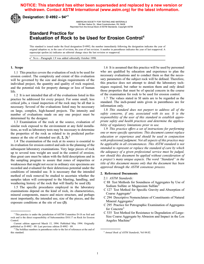 ASTM D4992-94e1 - Standard Practice for Evaluation of Rock to be Used for Erosion Control