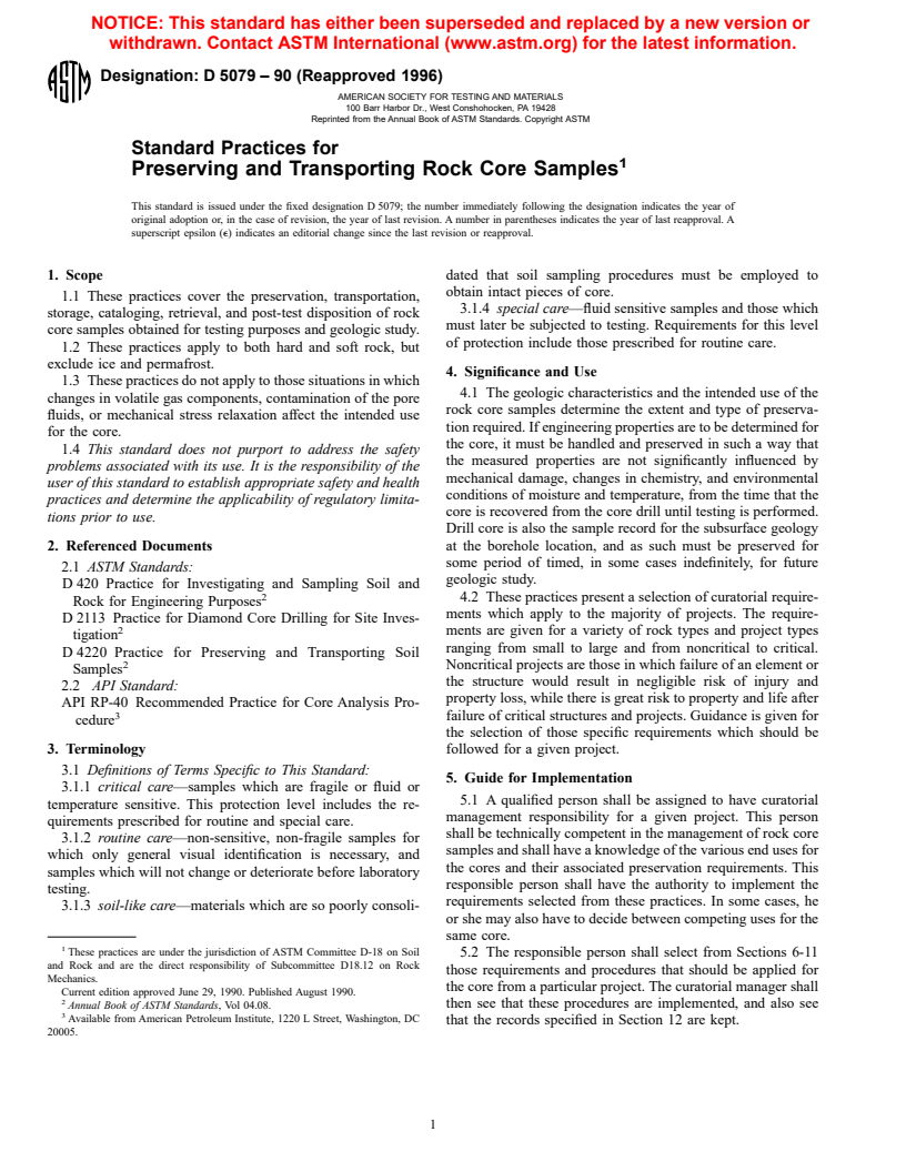 ASTM D5079-90(1996) - Standard Practices for Preserving and Transporting Rock Core Samples