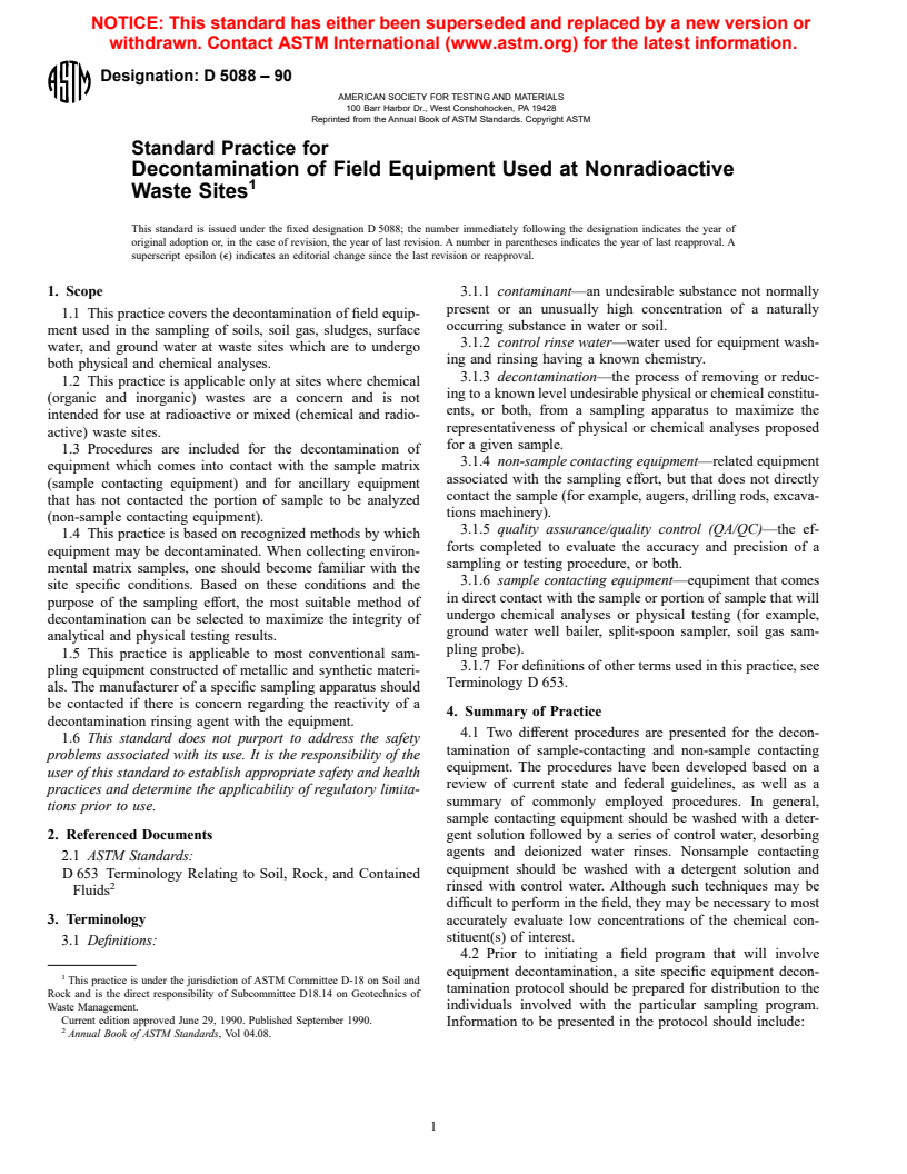 ASTM D5088-90 - Standard Practice for Decontamination of Field Equipment Used at Nonradioactive Waste Sites