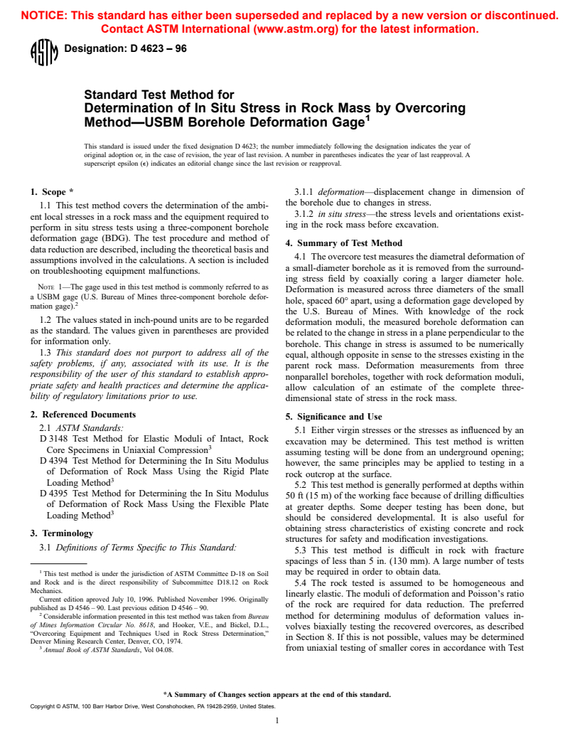 ASTM D4623-96 - Standard Test Method for Determination of In Situ Stress in Rock Mass by Overcoring Method-USBM Borehole Deformation Gage