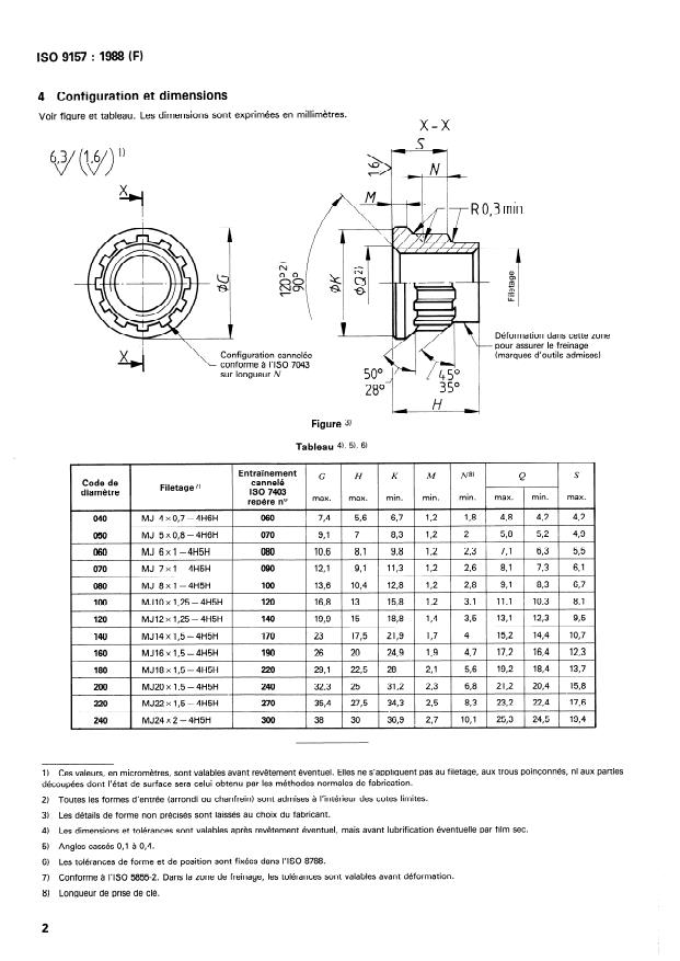 ISO 9157:1988 ISO 9157:1988 - Aéronautique et espace -- Écrous cannelés a freinage interne, a filetage MJ, revetus ou non revetus, de classification 1 100 MPa/650 degrés C, 1 250 MPa/760 degrés C, 1 550 MPa/235 degrés C ou 1 550 MPa/650 degrés C -- Dimensions - Page 4 preview