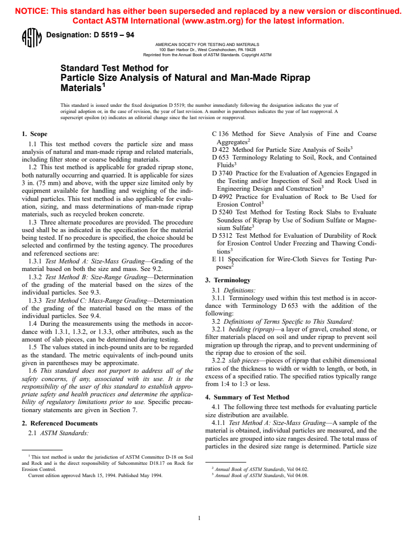 ASTM D5519-94 - Standard Test Method for Particle Size Analysis of Natural and Man-Made Riprap Materials