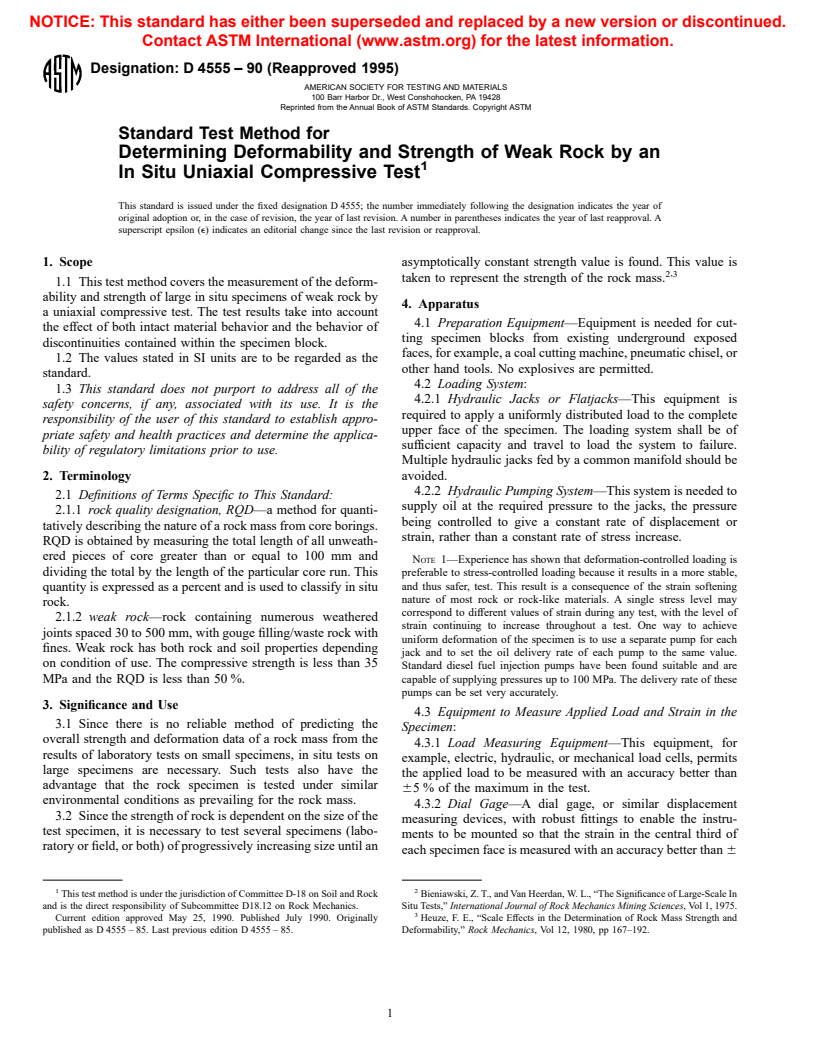 ASTM D4555-90(1995) - Standard Test Method for Determining Deformability and Strength of Weak Rock by an In Situ Uniaxial Compressive Test