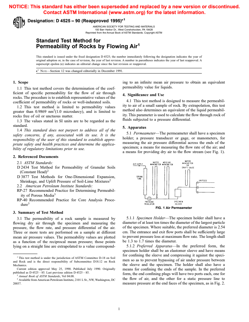 ASTM D4525-90(1995)e1 - Standard Test Method for Permeability of Rocks by Flowing Air