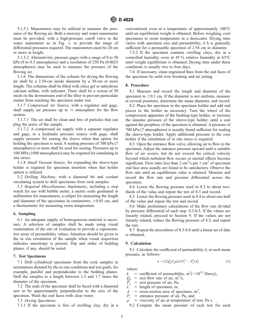 ASTM D4525-90(1995)e1 - Standard Test Method for Permeability of Rocks by Flowing Air