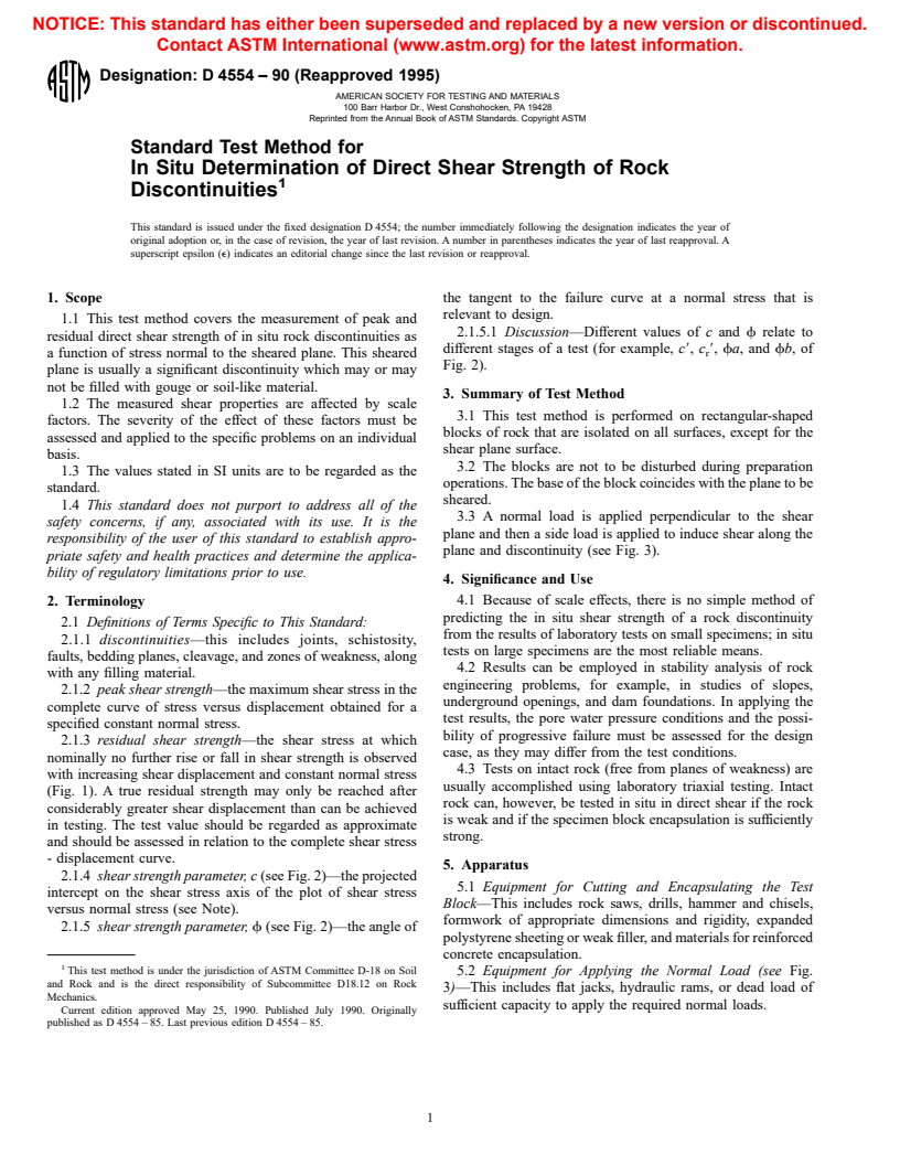 ASTM D4554-90(1995) - Standard Test Method for In Situ Determination of Direct Shear Strength of Rock Discontinuities