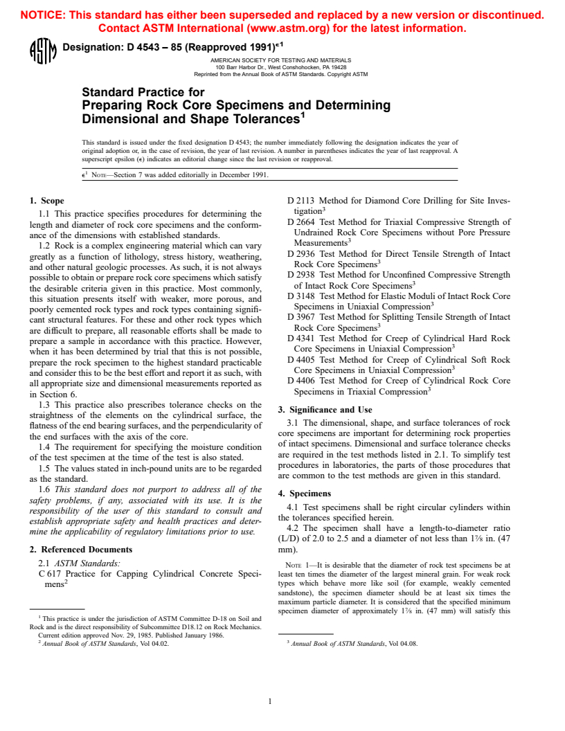 ASTM D4543-85(1991)e1 - Standard Practices for Preparing Rock Core Specimens and Determining Dimensional and Shape Tolerances