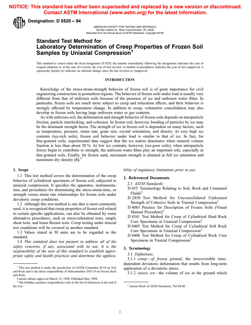 ASTM D5520-94 - Standard Test Method for Laboratory Determination of Creep Properties of Frozen Soil Samples by Uniaxial Compression