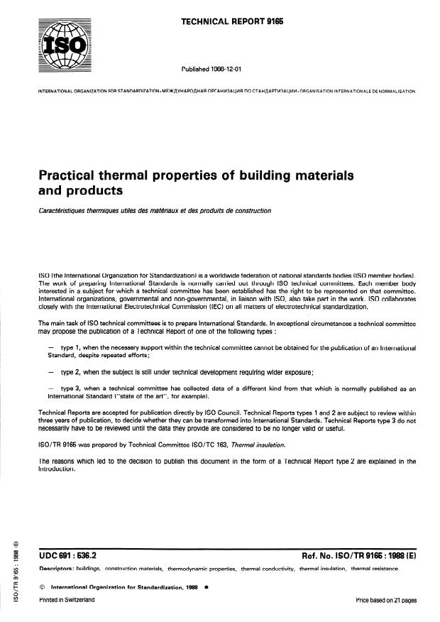 ISO/TR 9165:1988 - Practical thermal properties of building materials and products