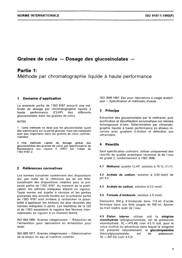 ISO 9167-1:1992 - Graines de colza -- Dosage des glucosinolates