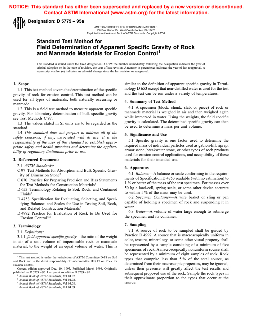 ASTM D5779-95a - Standard Test Method for Field Determination of Apparent Specific Gravity of Rock and Manmade Materials for Erosion Control