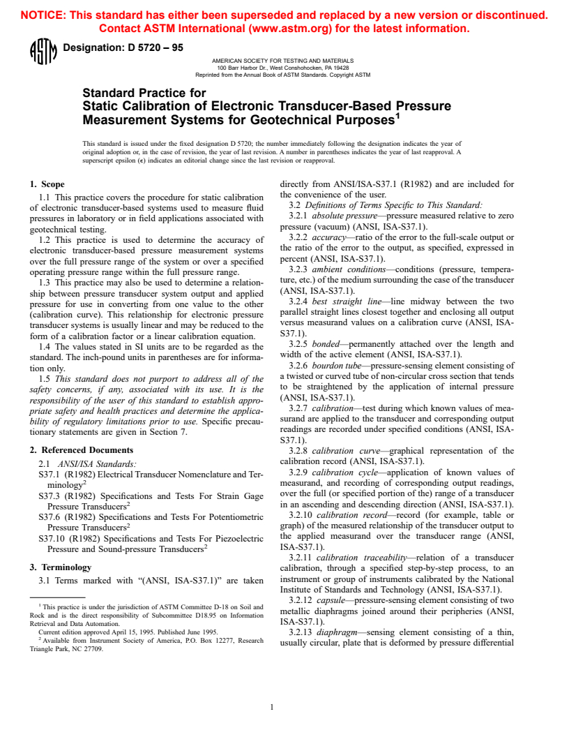 ASTM D5720-95 - Standard Practice for Static Calibration of Electronic Transducer-Based Pressure Measurement Systems for Geotechnical Purposes