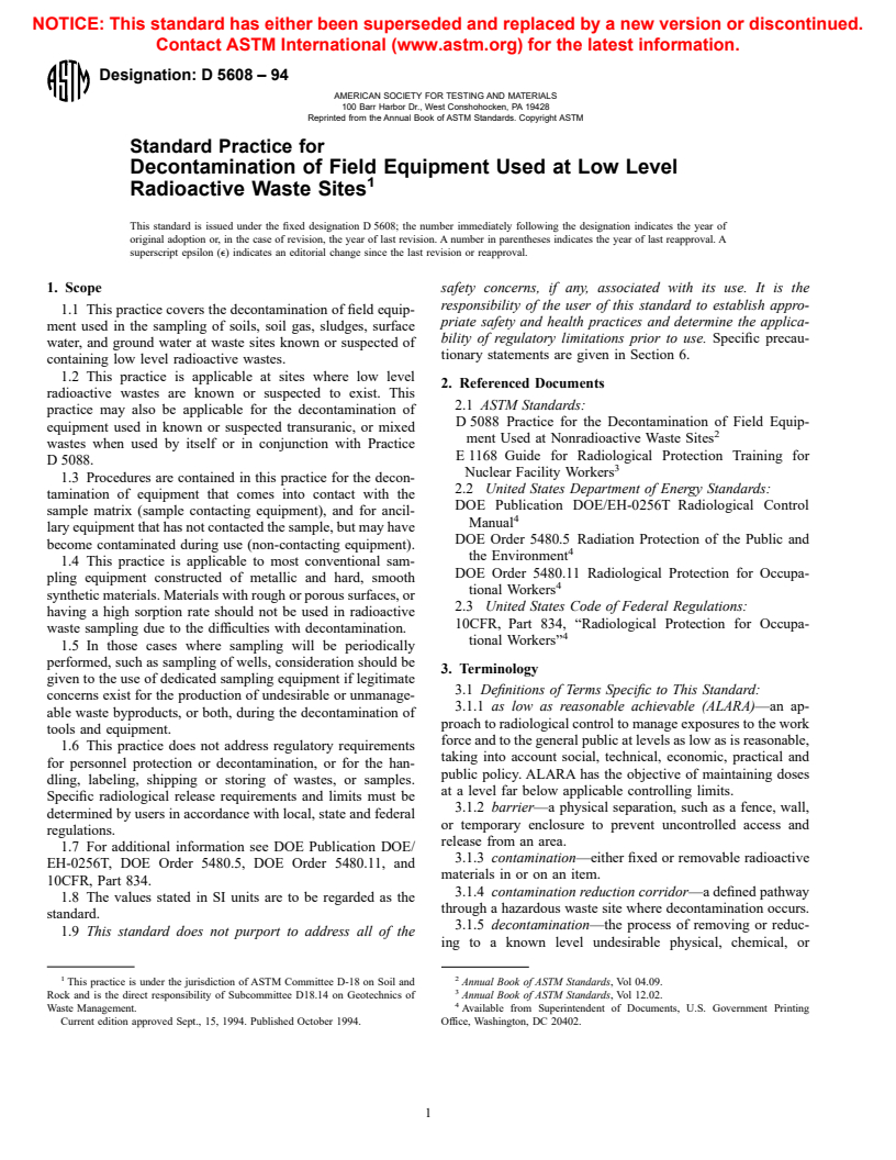 ASTM D5608-94 - Standard Practice for Decontamination of Field Equipment Used at Low Level Radioactive Waste Sites