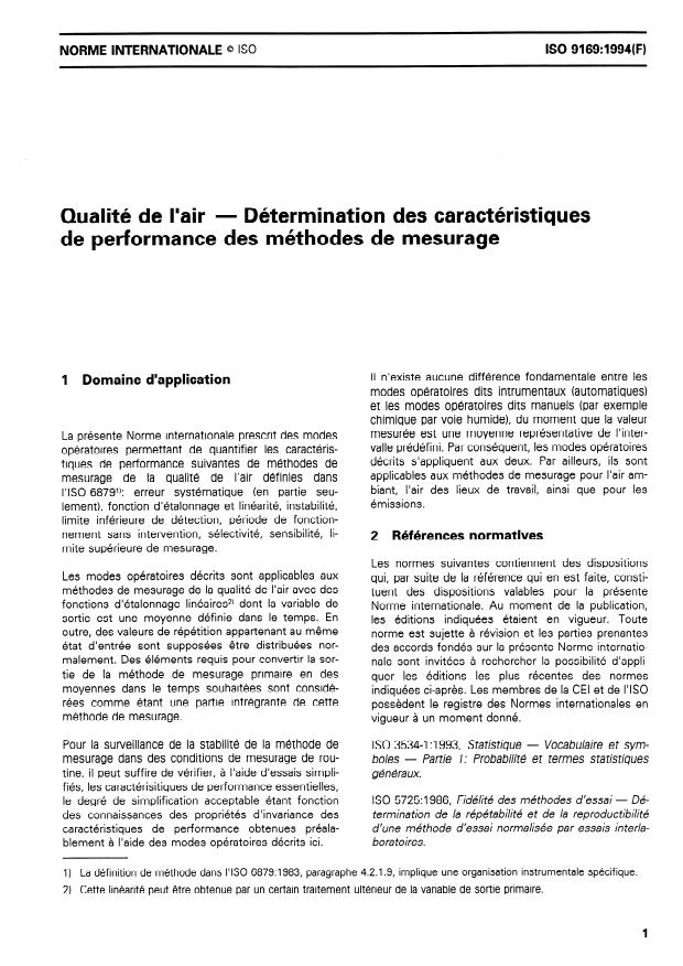ISO 9169:1994 - Qualité de l'air -- Détermination des caractéristiques de performance des méthodes de mesurage