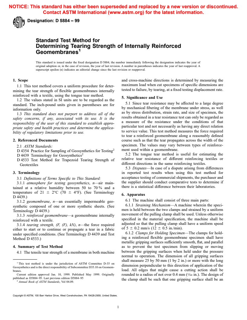 ASTM D5884-99 - Standard Test Method for Determining Tearing Strength of Internally Reinforced Geomembranes