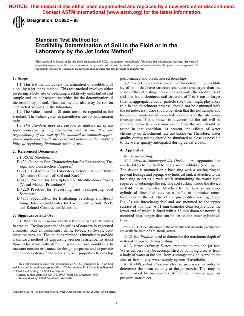 ASTM D5852-95 - Standard Test Method for Erodibility Determination of Soil in the Field or in the Laboratory by the Jet Index Method