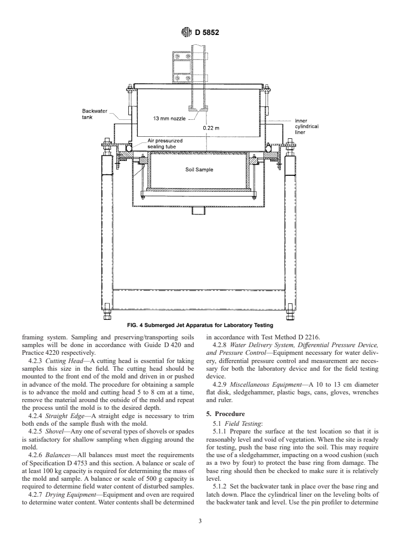 ASTM D5852-95 - Standard Test Method for Erodibility Determination of Soil in the Field or in the Laboratory by the Jet Index Method