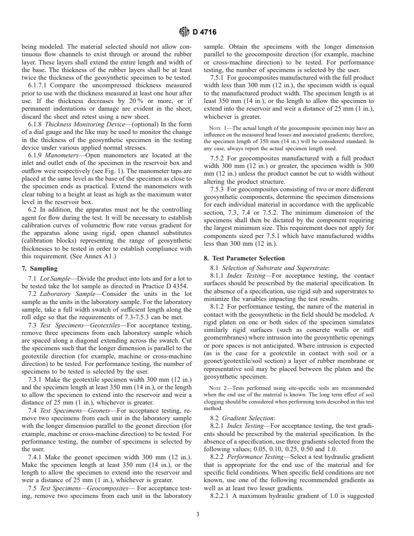 ASTM D4716-00 - Test Method for Determining the (In-plane) Flow Rate per Unit Width and Hydraulic Transmissivity of a Geosynthetic Using a Constant Head