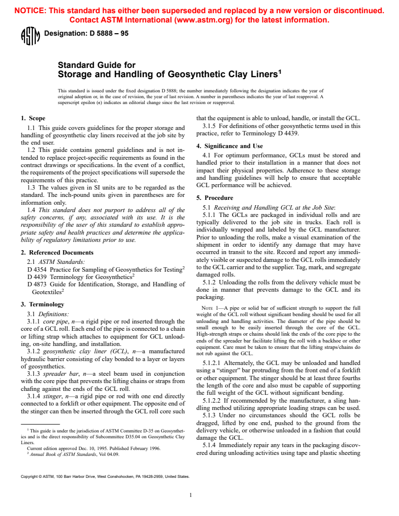 ASTM D5888-95 - Standard Guide for Storage and Handling of Geosynthetic Clay Liners