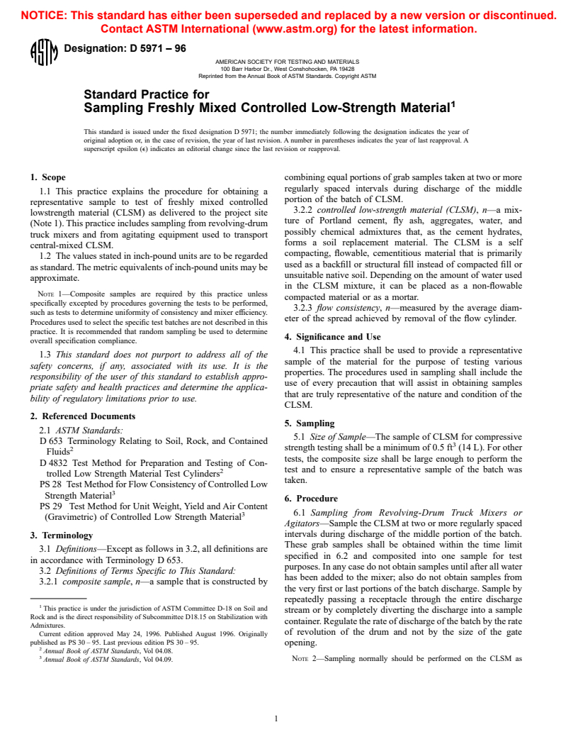 ASTM D5971-96 - Standard Practice for Sampling Freshly Mixed Controlled Low-Strength Material