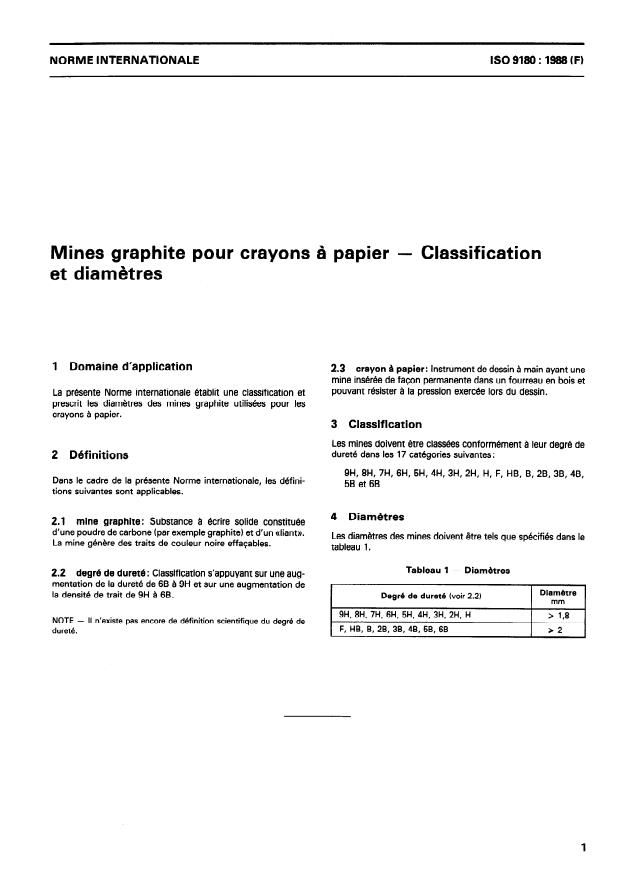 ISO 9180:1988 - Mines graphite pour crayons a papier -- Classification et diametres