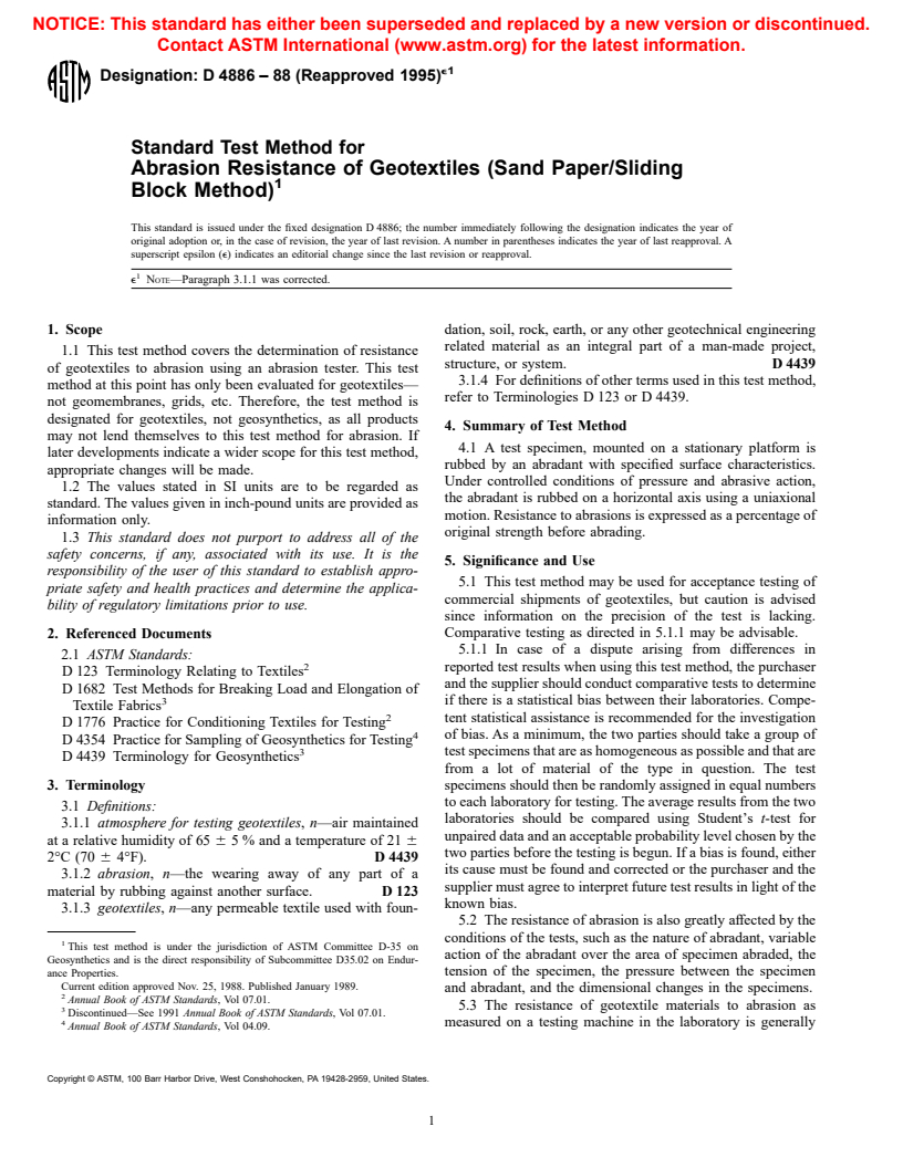 ASTM D4886-88(1995)e1 - Standard Test Method for Abrasion Resistance of Geotextiles (Sand Paper/Sliding Block Method)