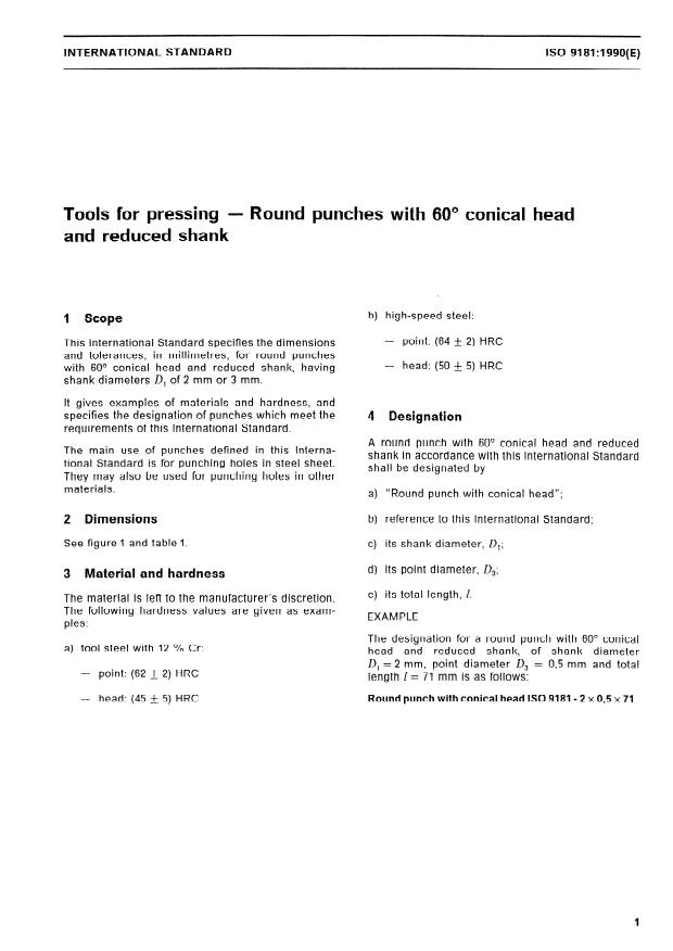 ISO 9181:1990 - Tools for pressing -- Round punches with 60 degrees conical head and reduced shank