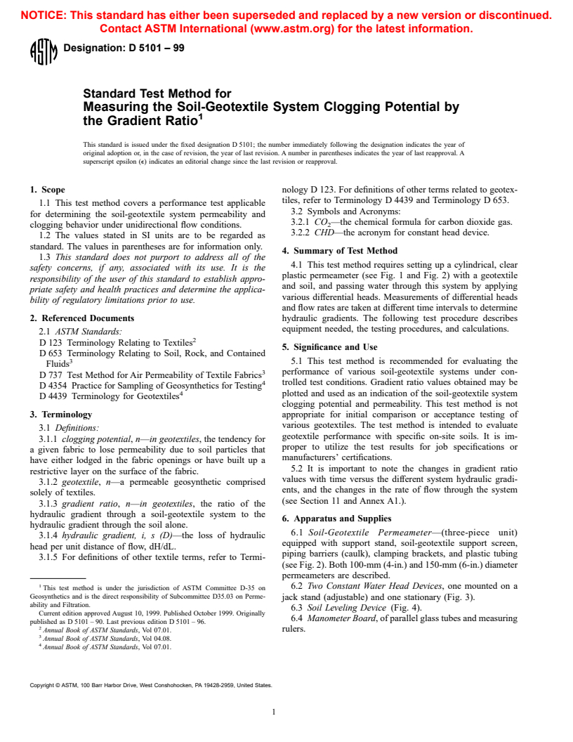 ASTM D5101-99 - Standard Test Method for Measuring the Soil-Geotextile System Clogging Potential by the Gradient Ratio