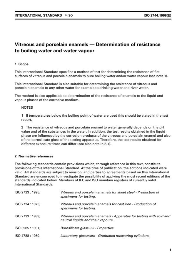 ISO 2744:1998 - Vitreous and porcelain enamels -- Determination of resistance to boiling water and water vapour