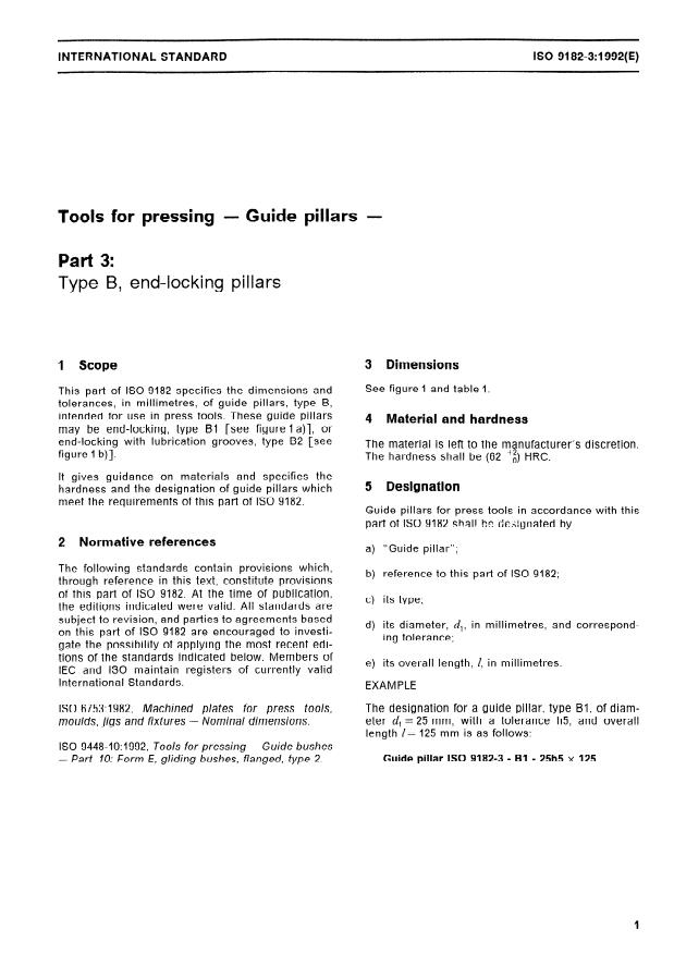 ISO 9182-3:1992 - Tools for pressing -- Guide pillars