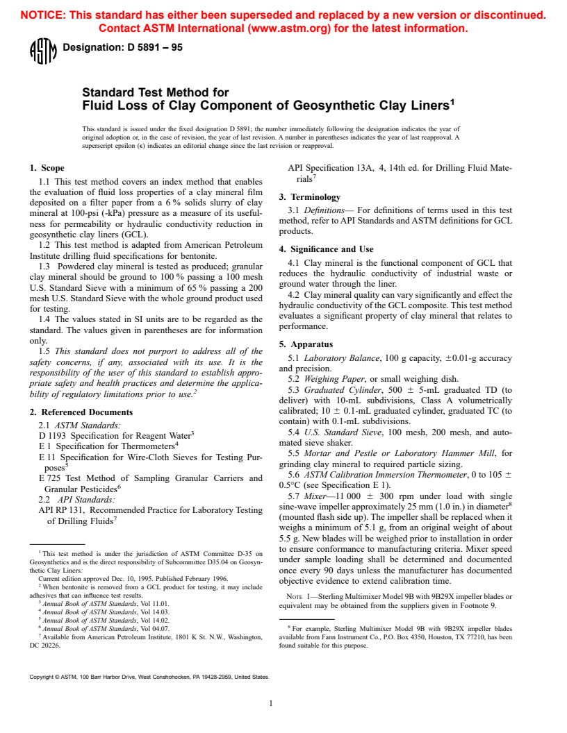 ASTM D5891-95 - Standard Test Method for Fluid Loss of Clay Component of Geosynthetic Clay Liners