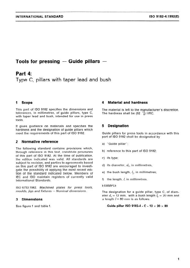 ISO 9182-4:1992 - Tools for pressing -- Guide pillars