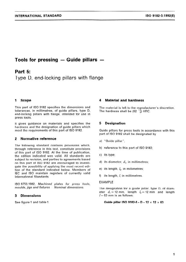 ISO 9182-5:1992 - Tools for pressing -- Guide pillars