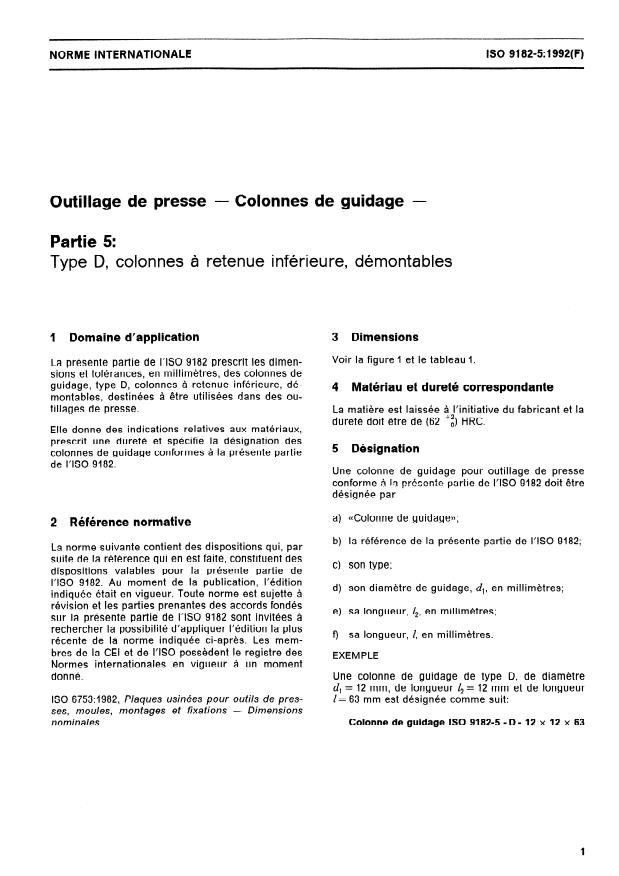 ISO 9182-5:1992 - Outillage de presse -- Colonnes de guidage