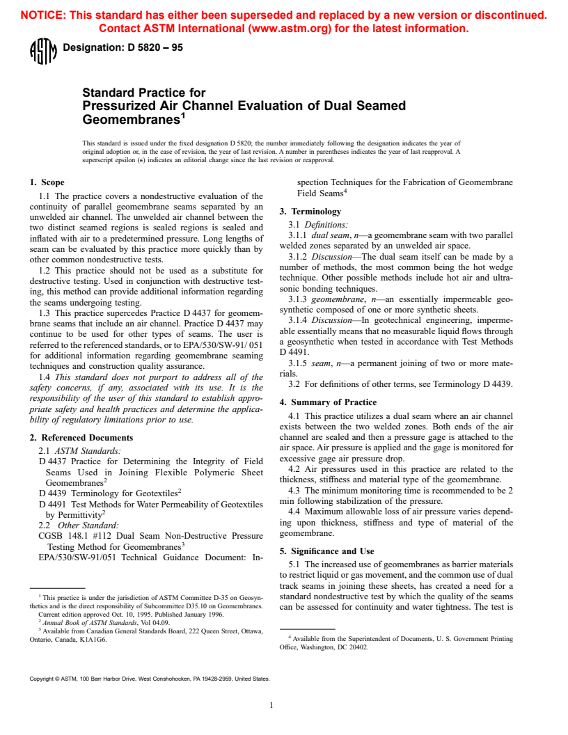 ASTM D5820-95 - Standard Practice for Pressurized Air Channel Evaluation of Dual Seamed Geomembranes