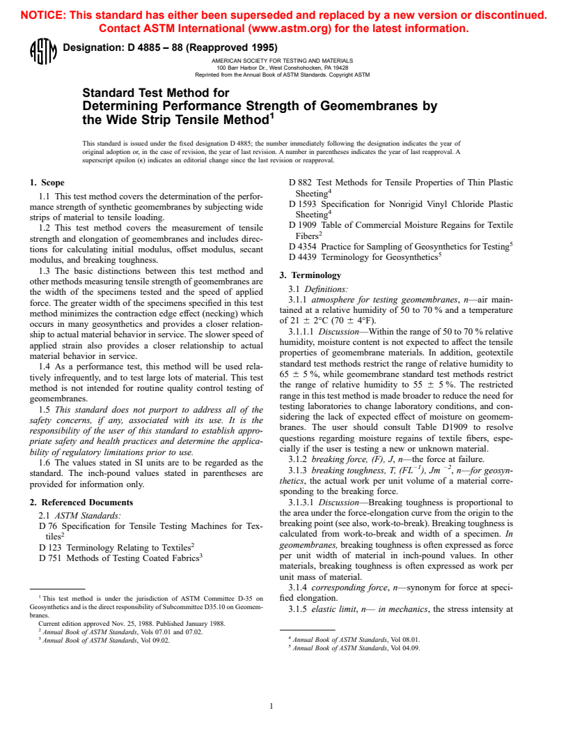 ASTM D4885-88(1995) - Standard Test Method for Determining Performance Strength of Geomembranes by the Wide Strip Tensile Method