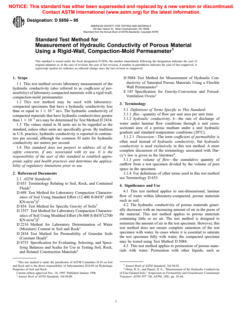 ASTM D5856-95 - Standard Test Method for Measurement of Hydraulic Conductivity of Porous Material Using a Rigid-Wall, Compaction-Mold Permeameter