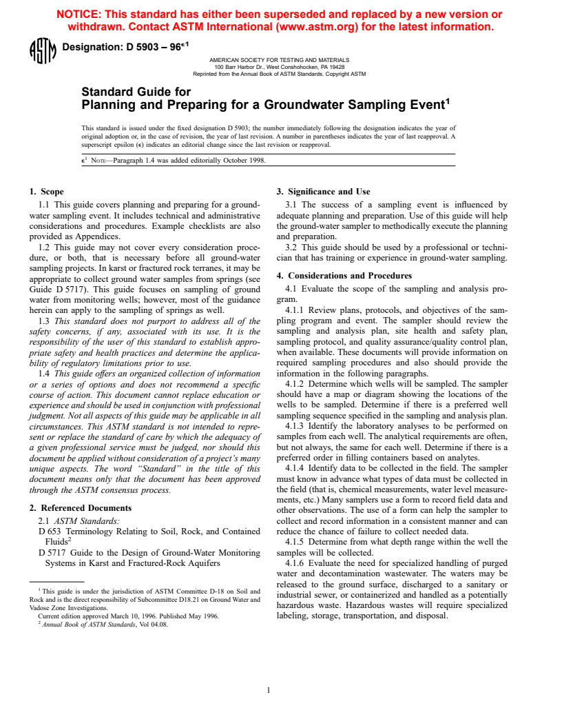 ASTM D5903-96e1 - Standard Guide for Planning and Preparing for a Groundwater Sampling Event