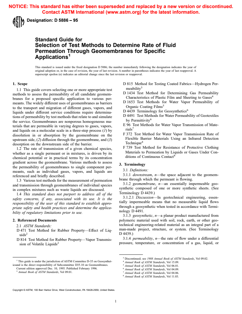 ASTM D5886-95 - Standard Guide for Selection of Test Methods to Determine Rate of Fluid Permeation Through Geomembranes for Specific Applications