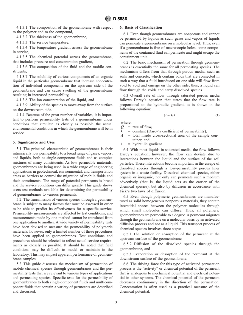 ASTM D5886-95 - Standard Guide for Selection of Test Methods to Determine Rate of Fluid Permeation Through Geomembranes for Specific Applications