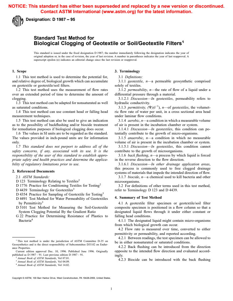 ASTM D1987-95 - Standard Test Method for Biological Clogging of Geotextile or Soil/Geotextile Filters