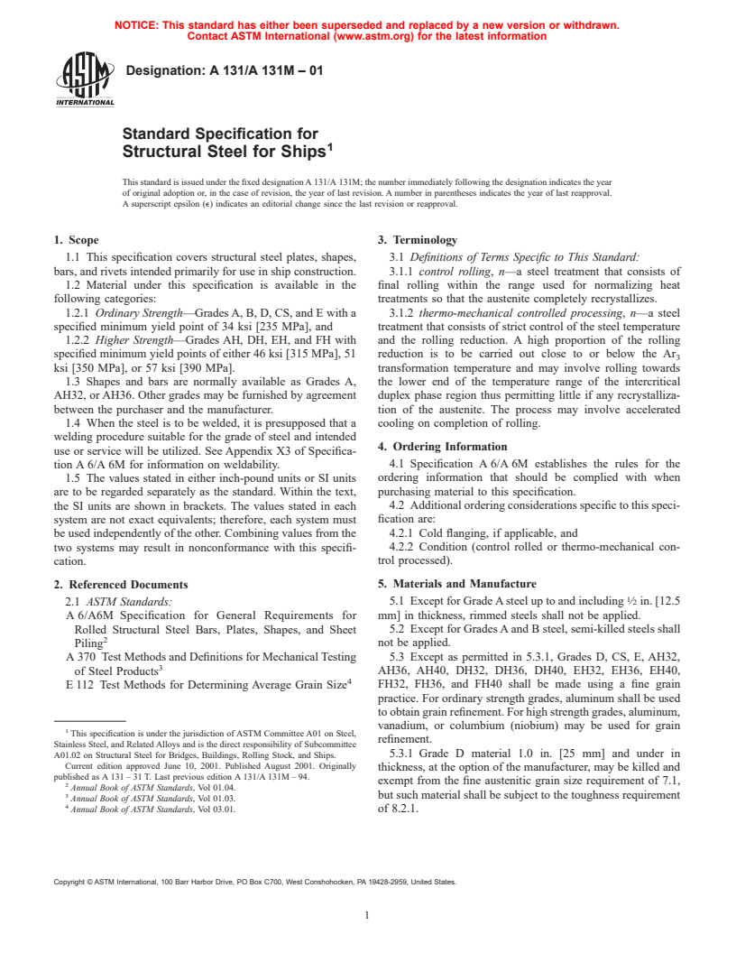 ASTM A131/A131M-01 - Standard Specification for Structural Steel for Ships