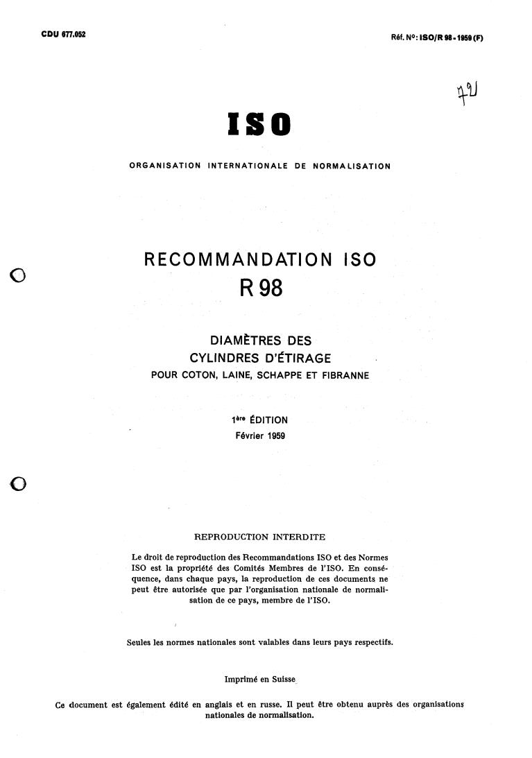 ISO/R 98:1959 - Title missing - Legacy paper document
Released:1/1/1959