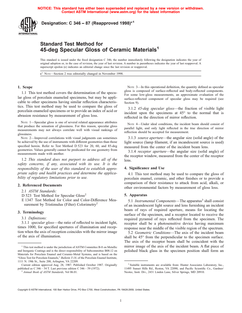 ASTM C346-87(1998)e1 - Standard Test Method for 45-deg Specular Gloss of Ceramic Materials