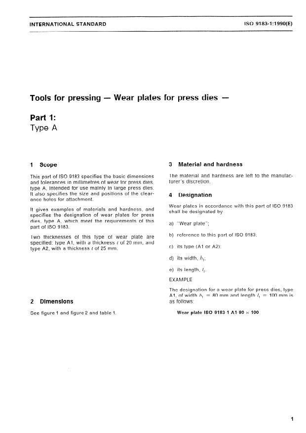 ISO 9183-1:1990 - Tools for pressing -- Wear plates for press dies