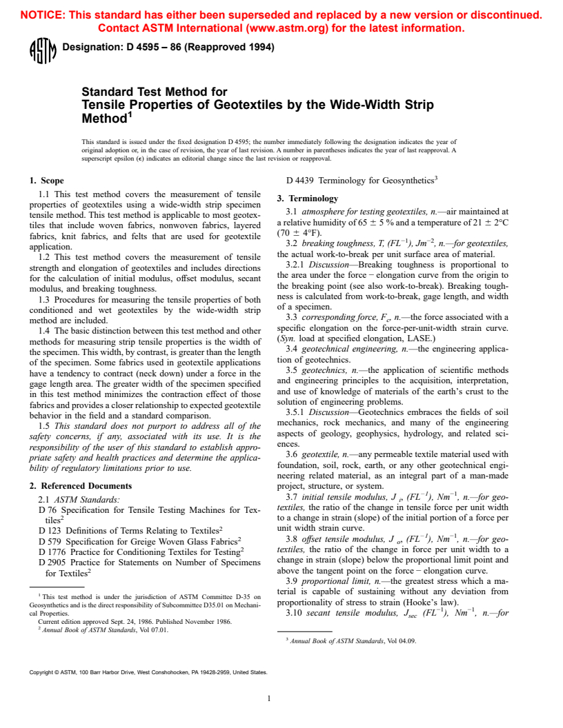 ASTM D4595-86(1994) - Standard Test Method for Tensile Properties of Geotextiles by the Wide-Width Strip Method