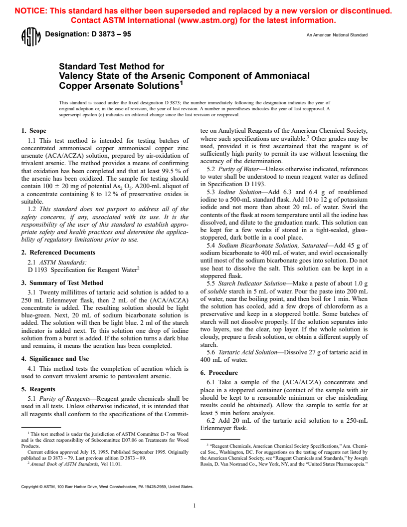 ASTM D3873-95 - Standard Test Method for Valency State of the Arsenic Component of Ammoniacal Copper Arsenate Solutions